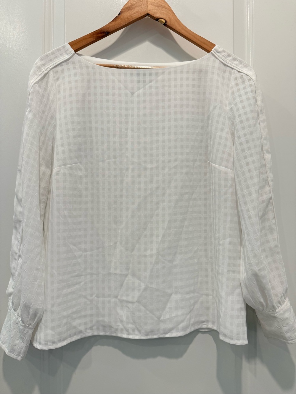 Banana Republic White Semi-Sheer Check-Texture Long Sleeve Blouse